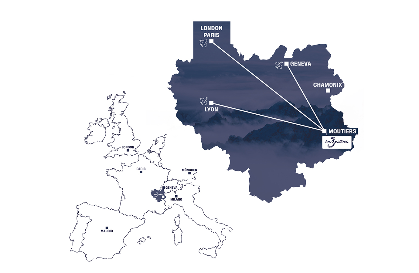 Map of how to reach Les 3 Vallées by plane