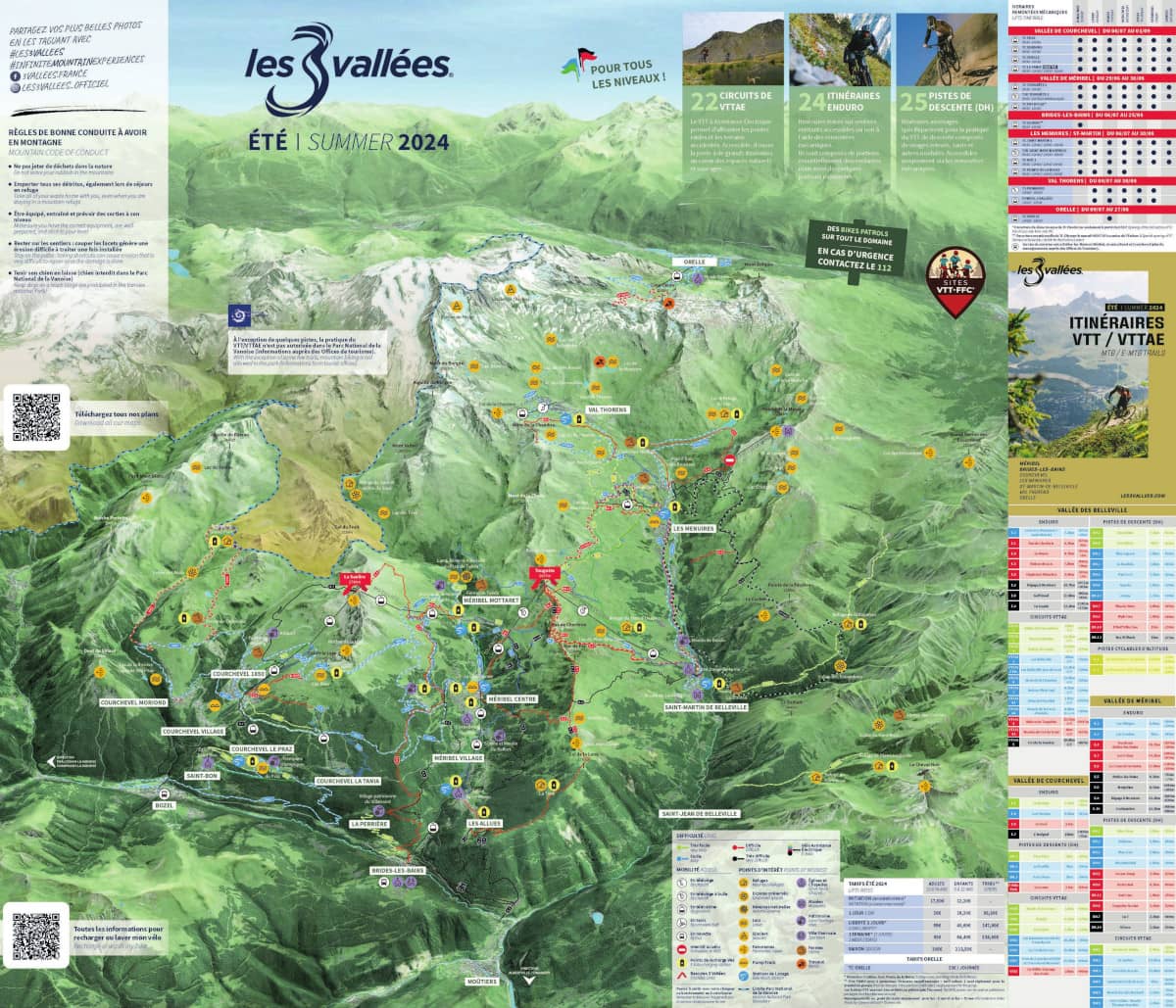 Map of all the mountain bike itineraries in the 3 Valleys
